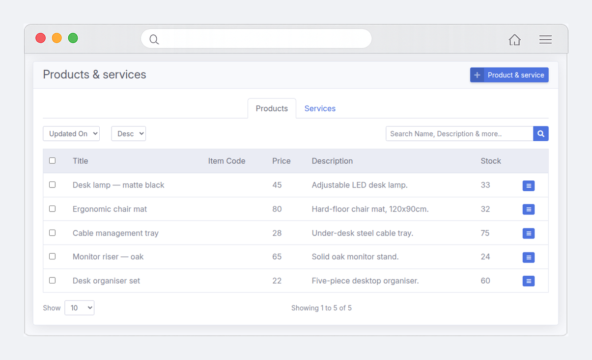 The products and services list in Spheyas, showing each item with its price, description and stock level.