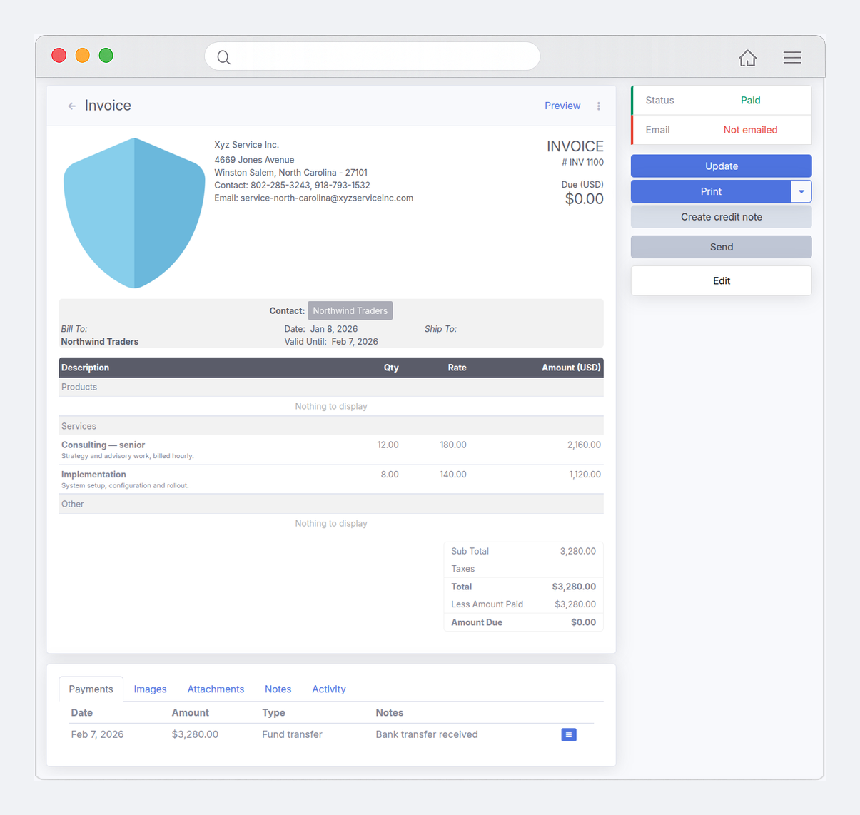 An invoice open in Spheyas, with line items, totals, the amount due and the payments recorded against it.