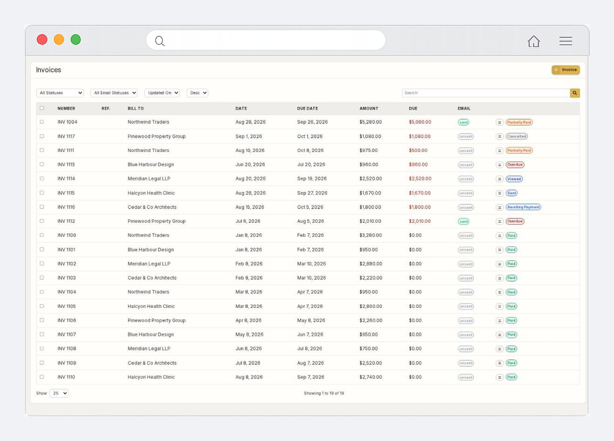 The invoice list in Spheyas, showing invoice numbers, clients, dates, amounts and payment status.