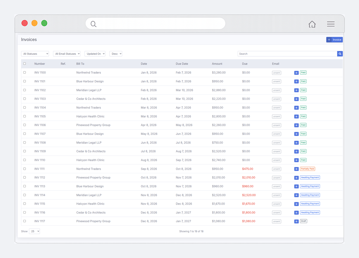 The invoice list in Spheyas, showing invoice numbers, customers, dates, amounts and payment status.