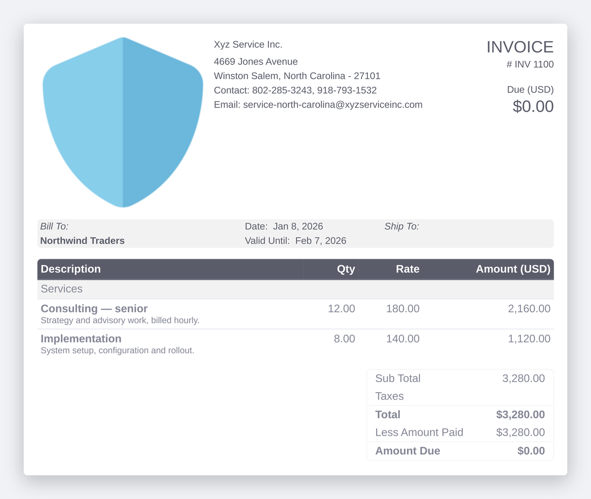 The printable PDF of the same invoice, carrying the business logo and address.