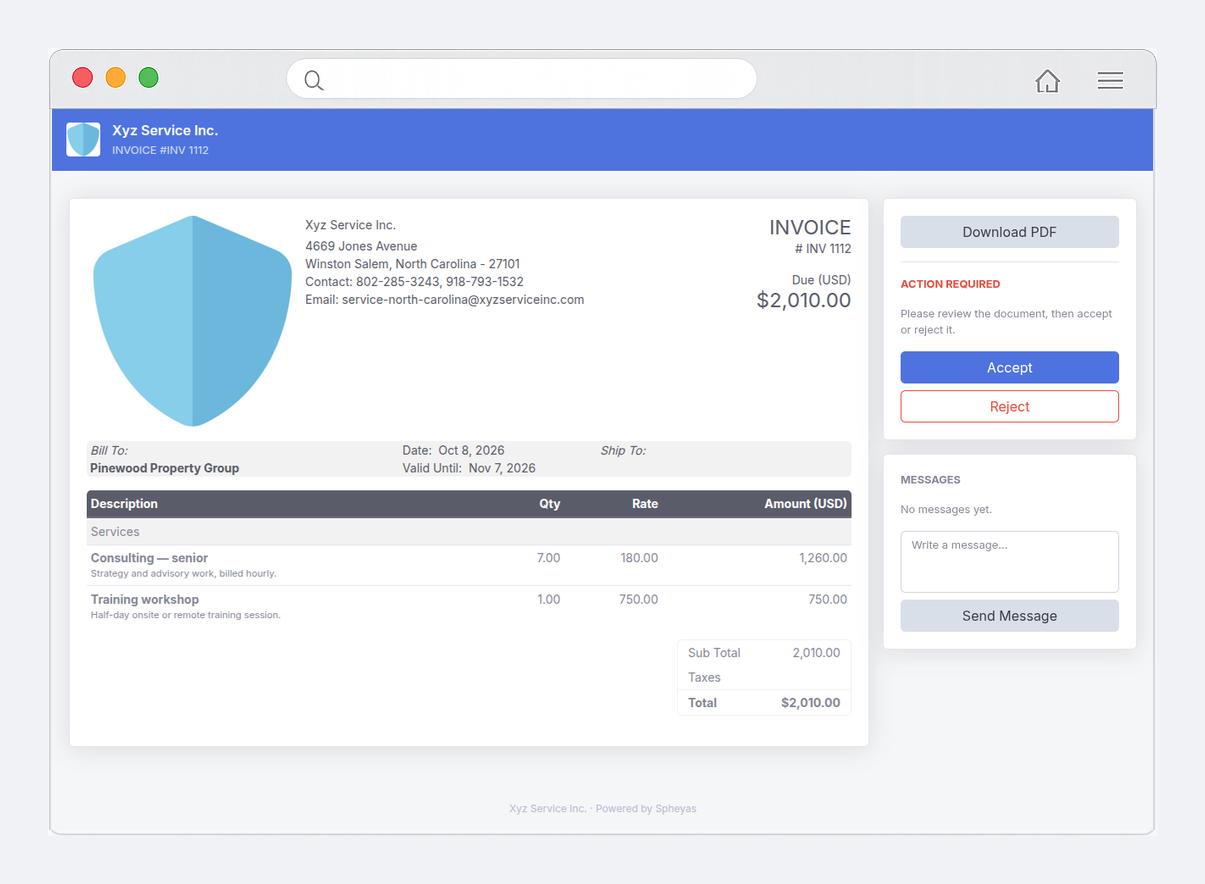 The customer view of a shared invoice, with a download button, accept and reject buttons, and a message box.